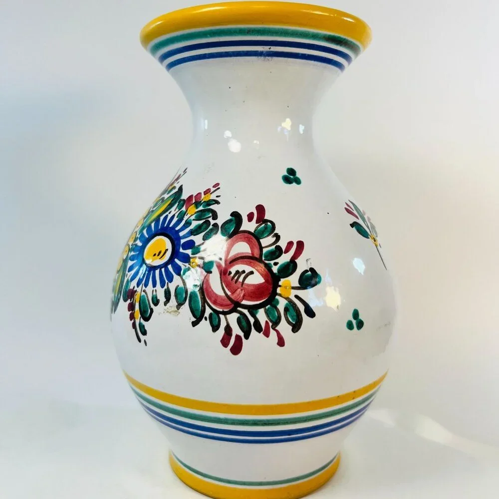 Artisan Signed Hand Painted Vase Roses Sunflower Spring Red Yellow Blue ‎ 7